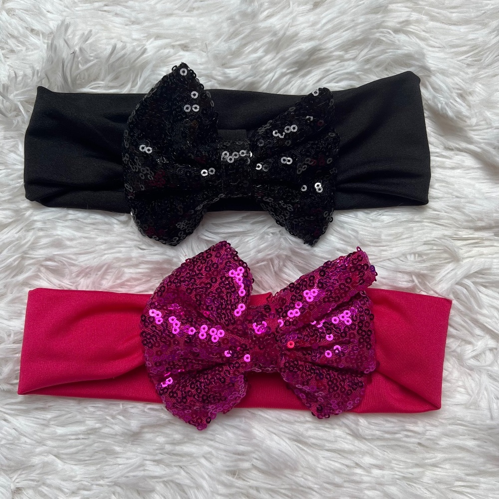 New Girl's Baby/Toddler Bow Sequin Stretch Headband Pink and Black Set